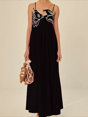 Commense Embroidered Fish Semi-Sheer Cami Dress Black Size Large